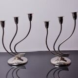 Pair of art deco candlesticks in stainless steel 3 flames, Spain, 1970