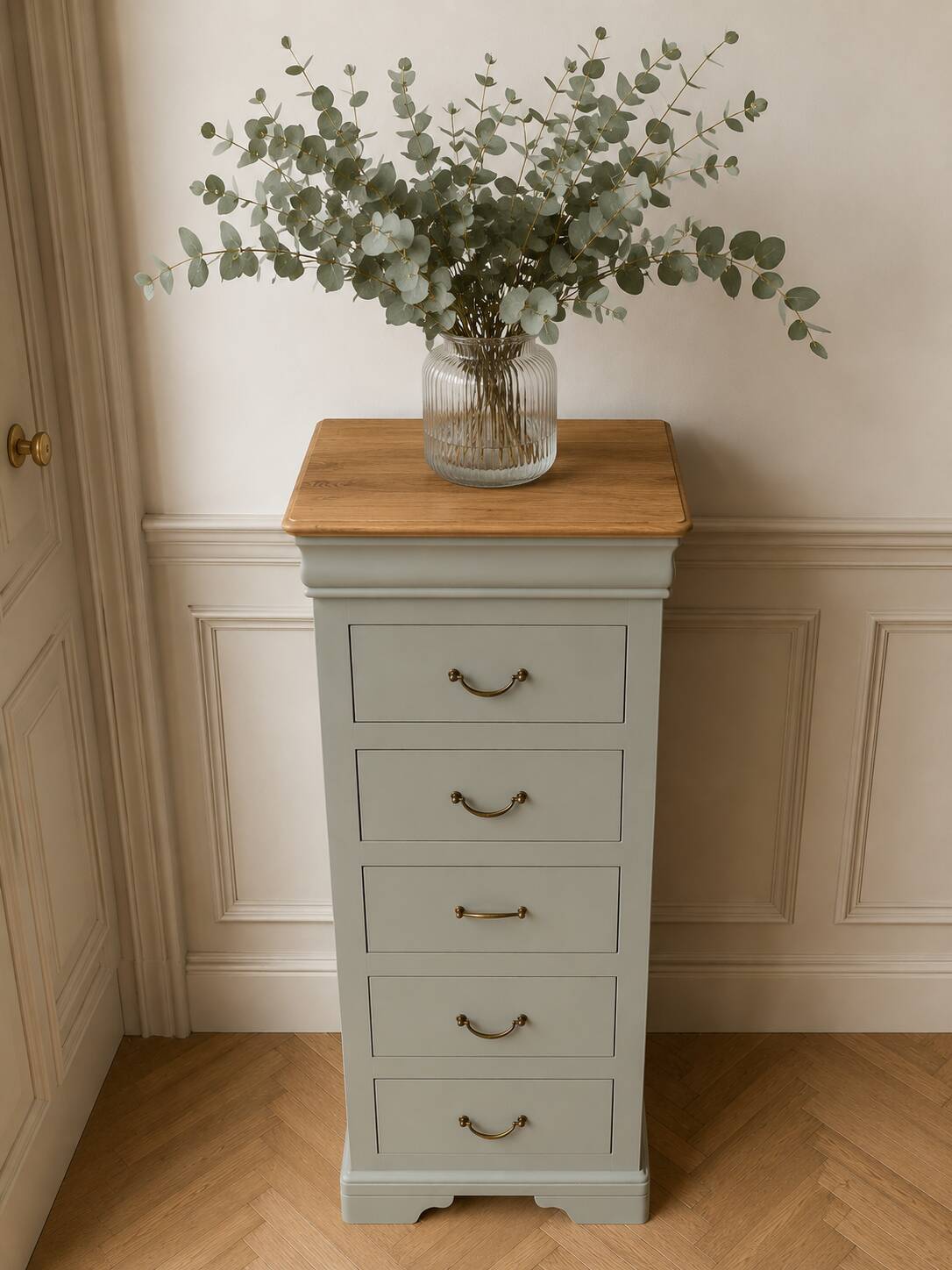 Louis-Philippe style chiffonnier in grey-green, wooden top.