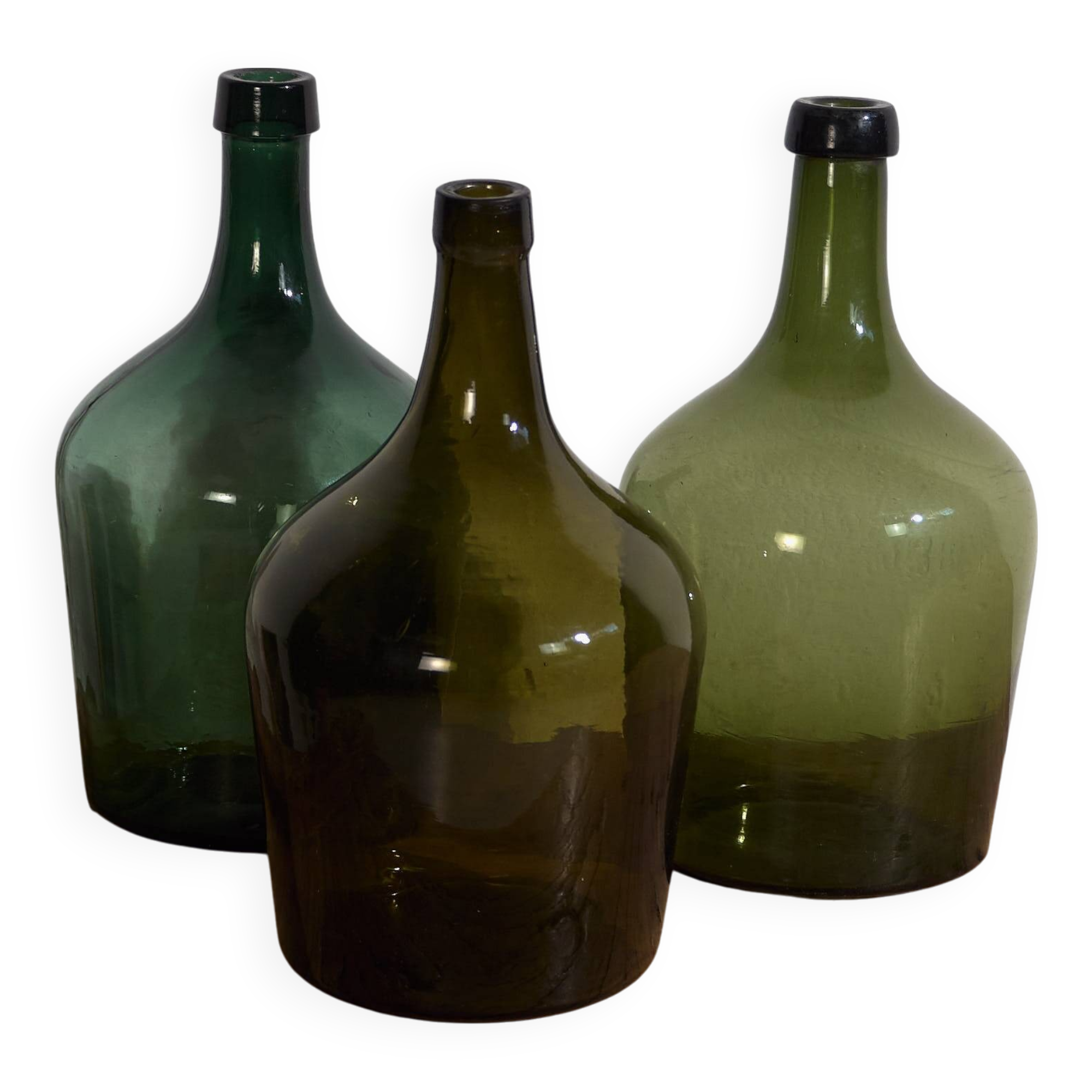 Antique green demijohns (circa 1920). Set of 3 pieces