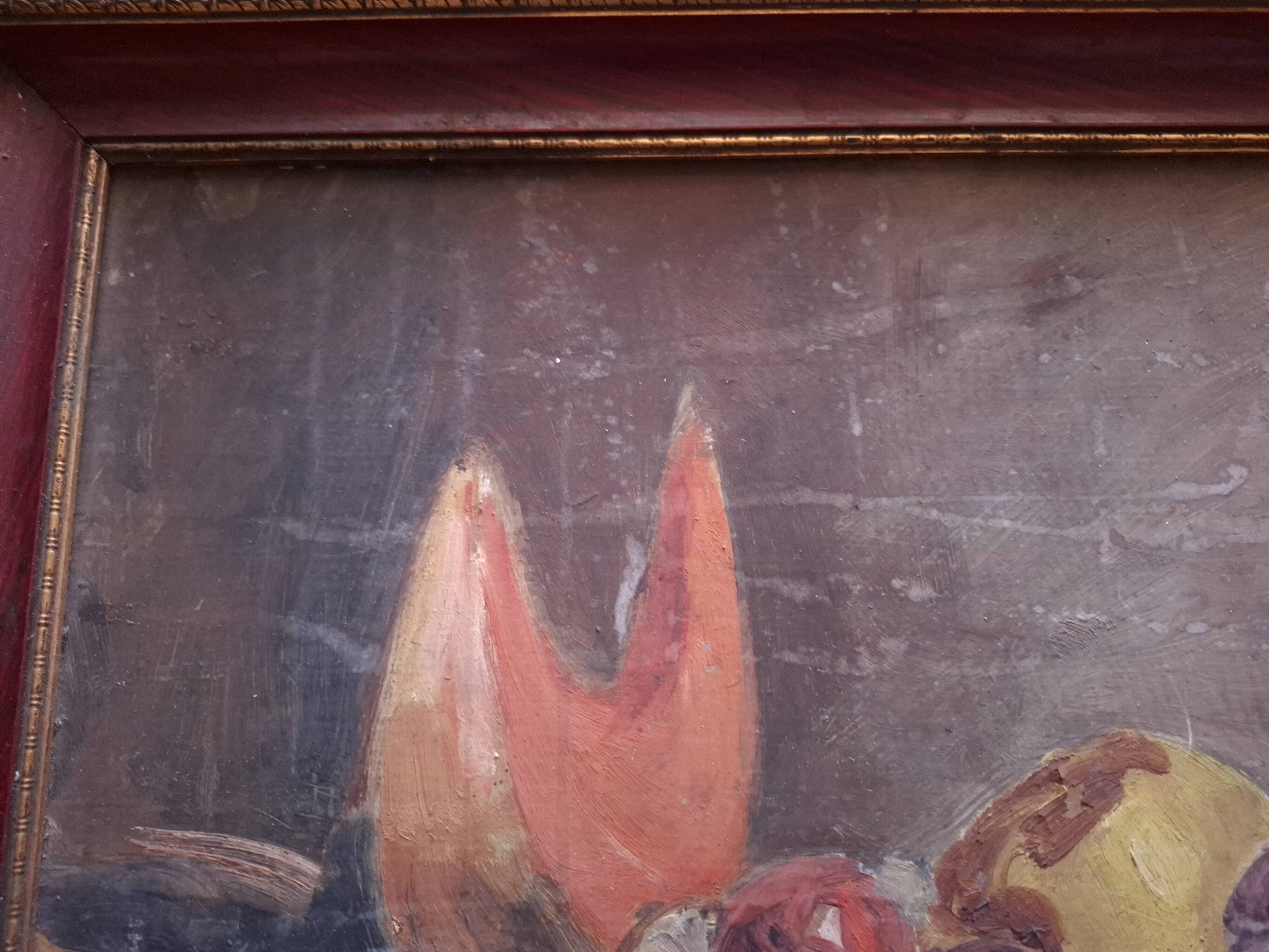 Tableau , huile sur carton  , nature morte coupe de fruit signée Bello