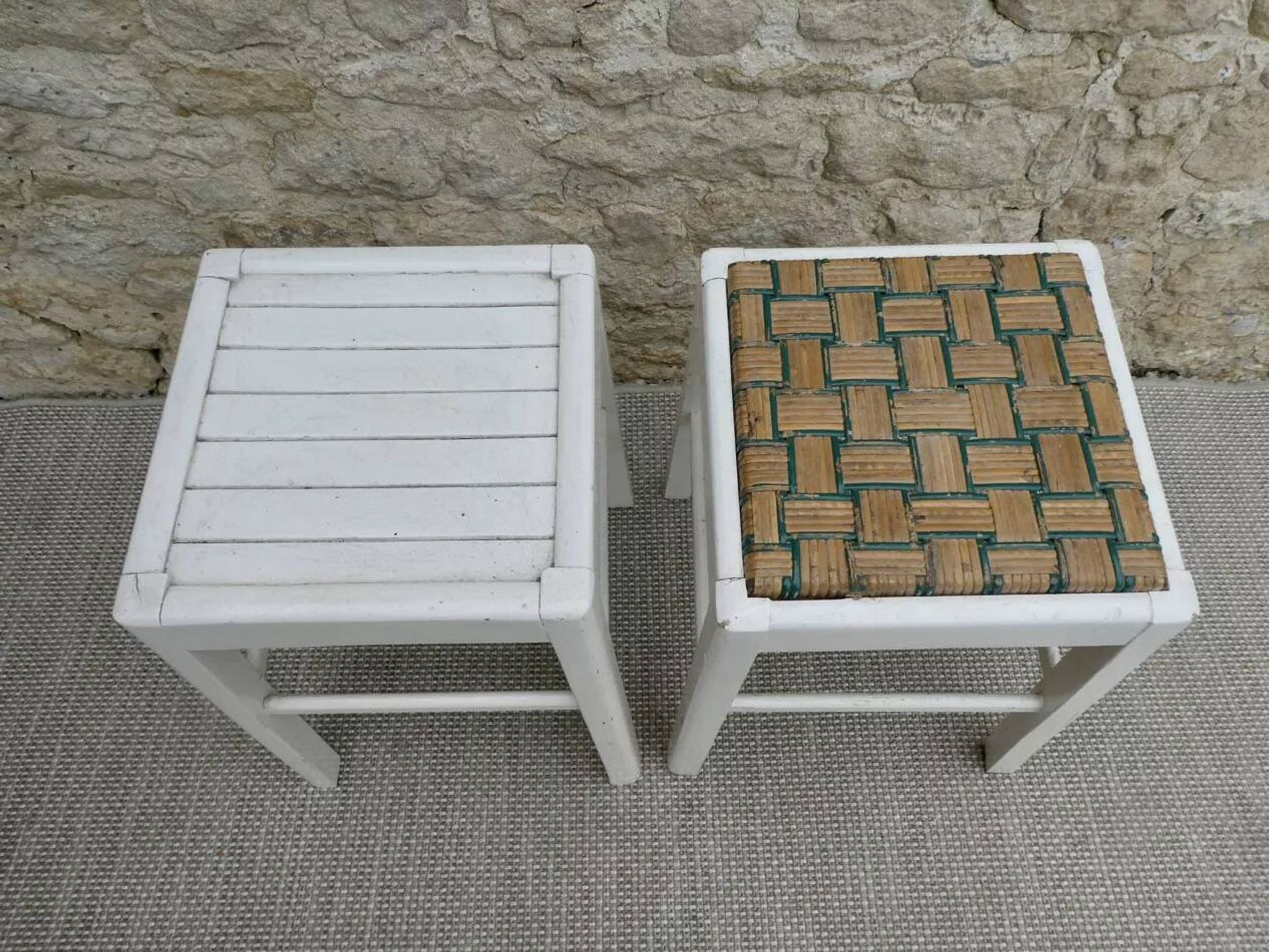 Pair of wooden stools, white patina, circa 1950