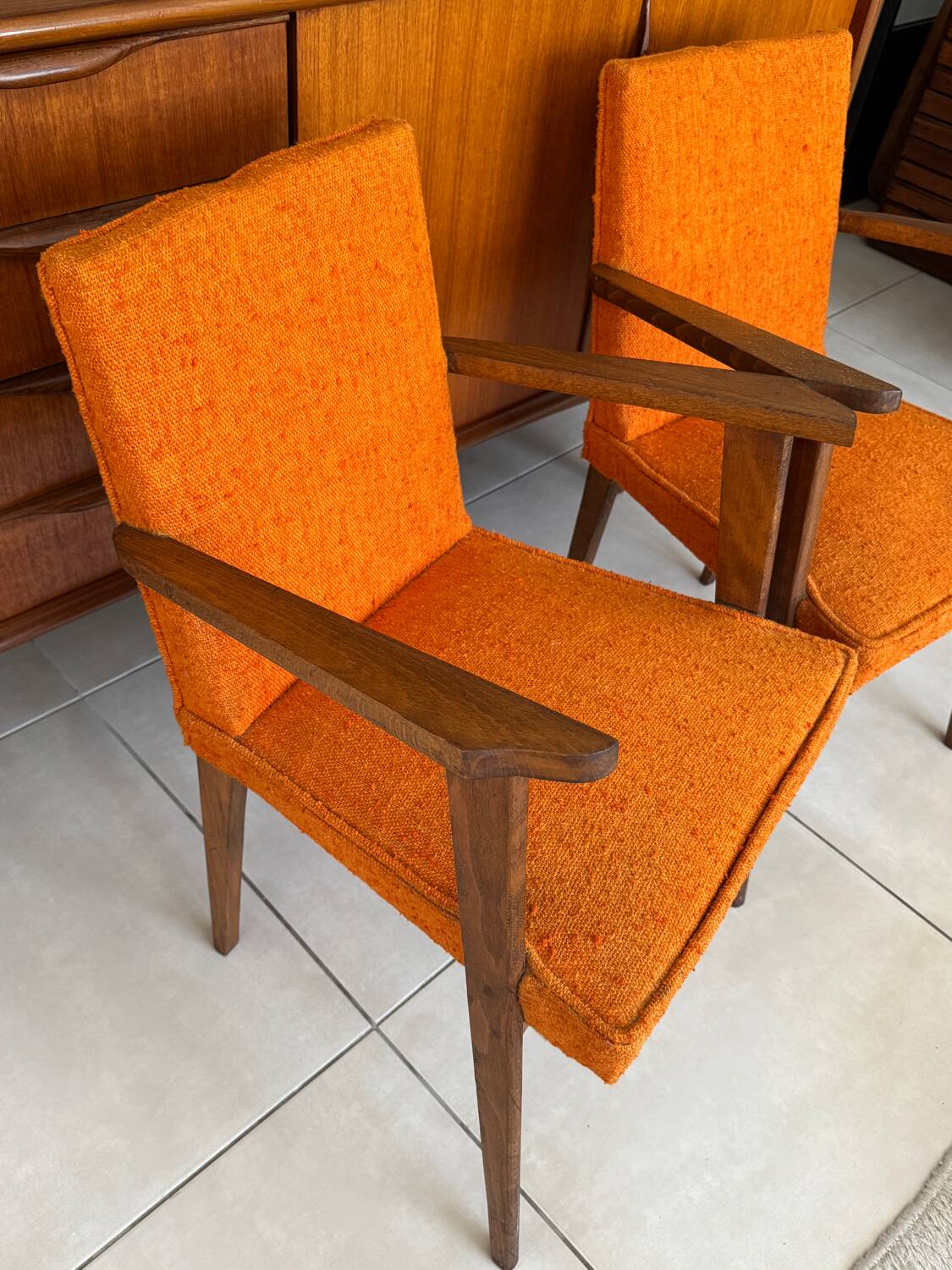 Pair of vintage 60s armchairs in wood and orange bouclé fabric