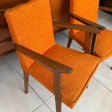 Pair of vintage 60s armchairs in wood and orange bouclé fabric