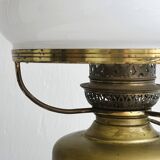 Vintage brass lamp with white opaline glass shade.