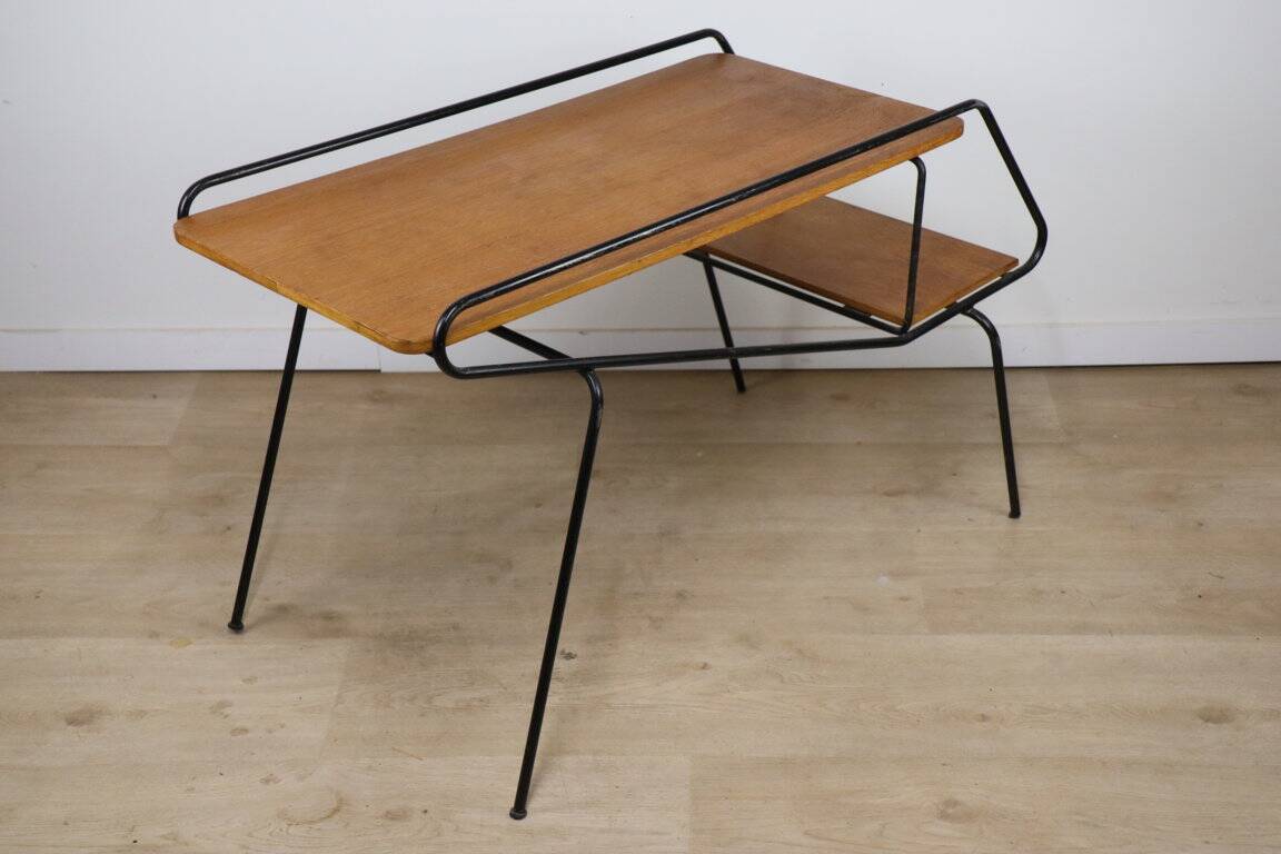 Vintage side coffee table in black lacquered metal and oak, 1950