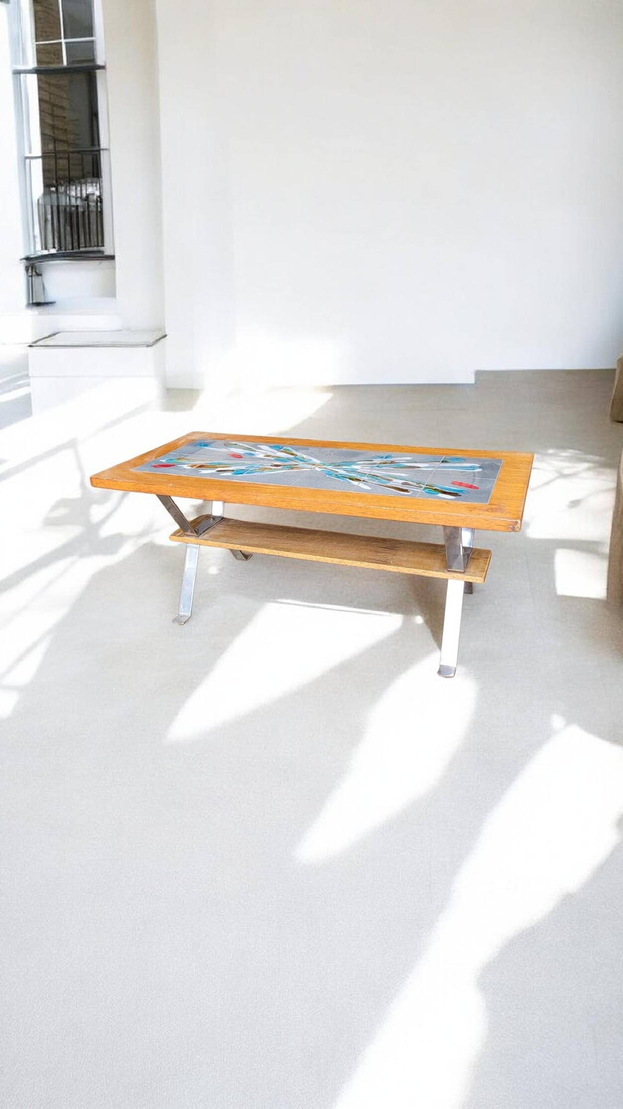 Vintage 70s design coffee table, wooden and ceramic top with aluminium legs.