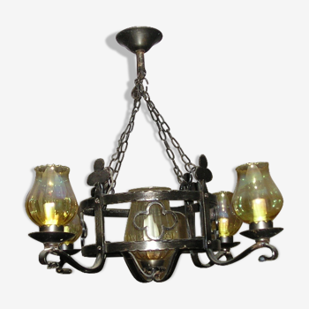 Chandelier and its 2 wrought iron wall lamps 1960