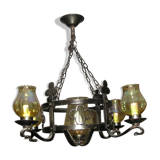 Lustre et ses 2 appliques en fer forgé 1960