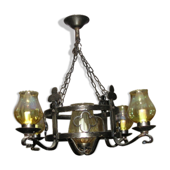 Chandelier and its 2 wrought iron sconces 1960