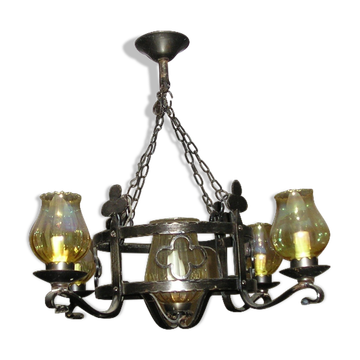 Lustre et ses 2 appliques en fer forgé 1960
