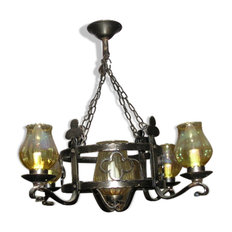 Chandelier and its 2 wrought iron wall lamps 1960