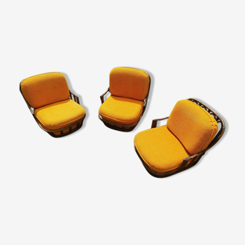 Set 3 rattan armchairs year 70 orange cushions