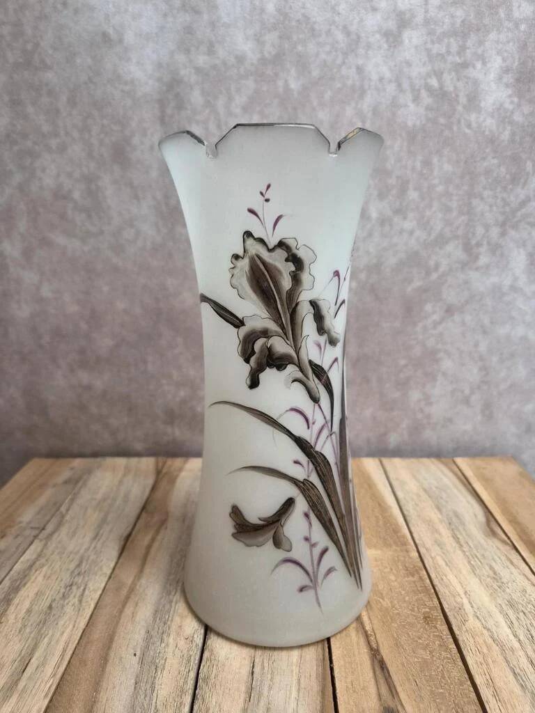 Antique Art Nouveau vase in frosted enamelled glass – iris decoration