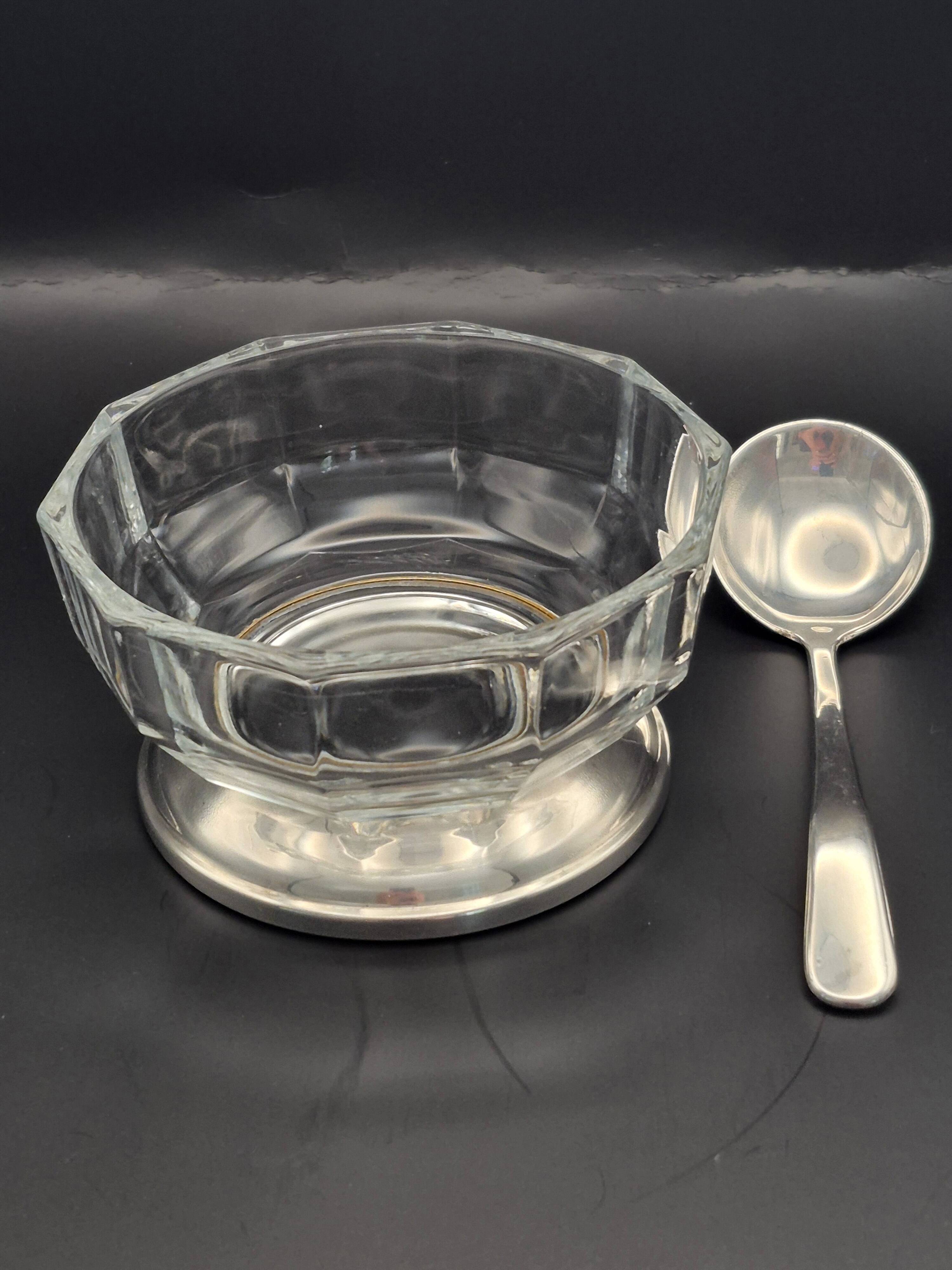 Art Deco thick crystal/glass bowl, silver-plated metal pedestal.