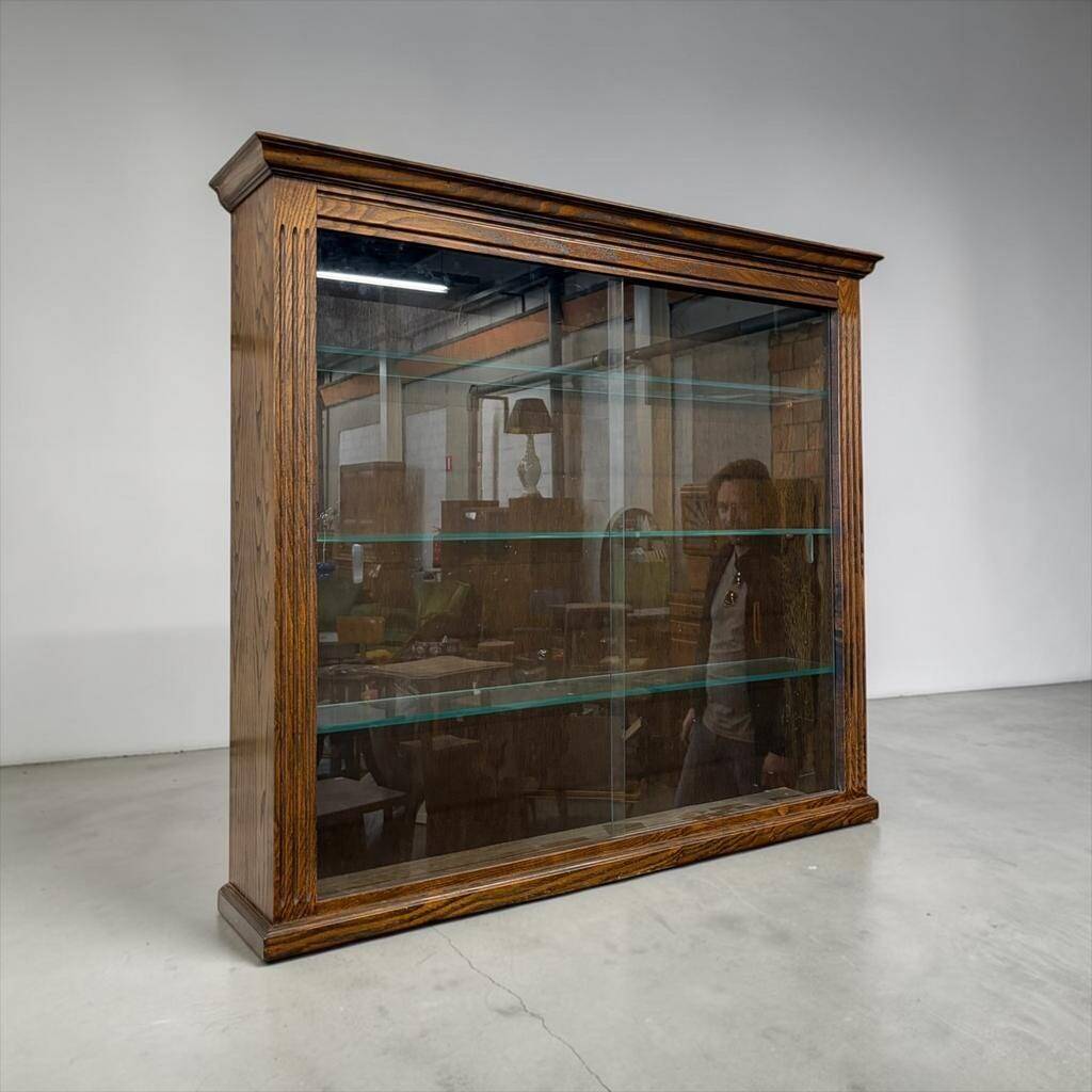 Vintage shallow wall display cabinet in wood / shelf