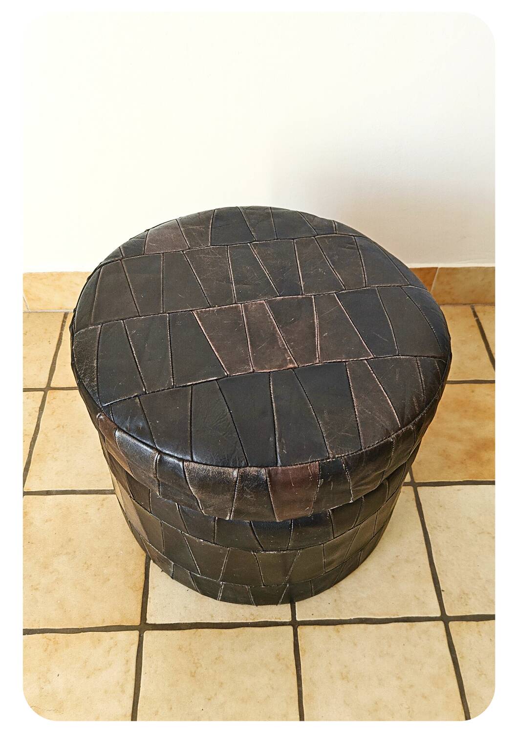 Pouf de rangement patchwork en cuir des années 1970
