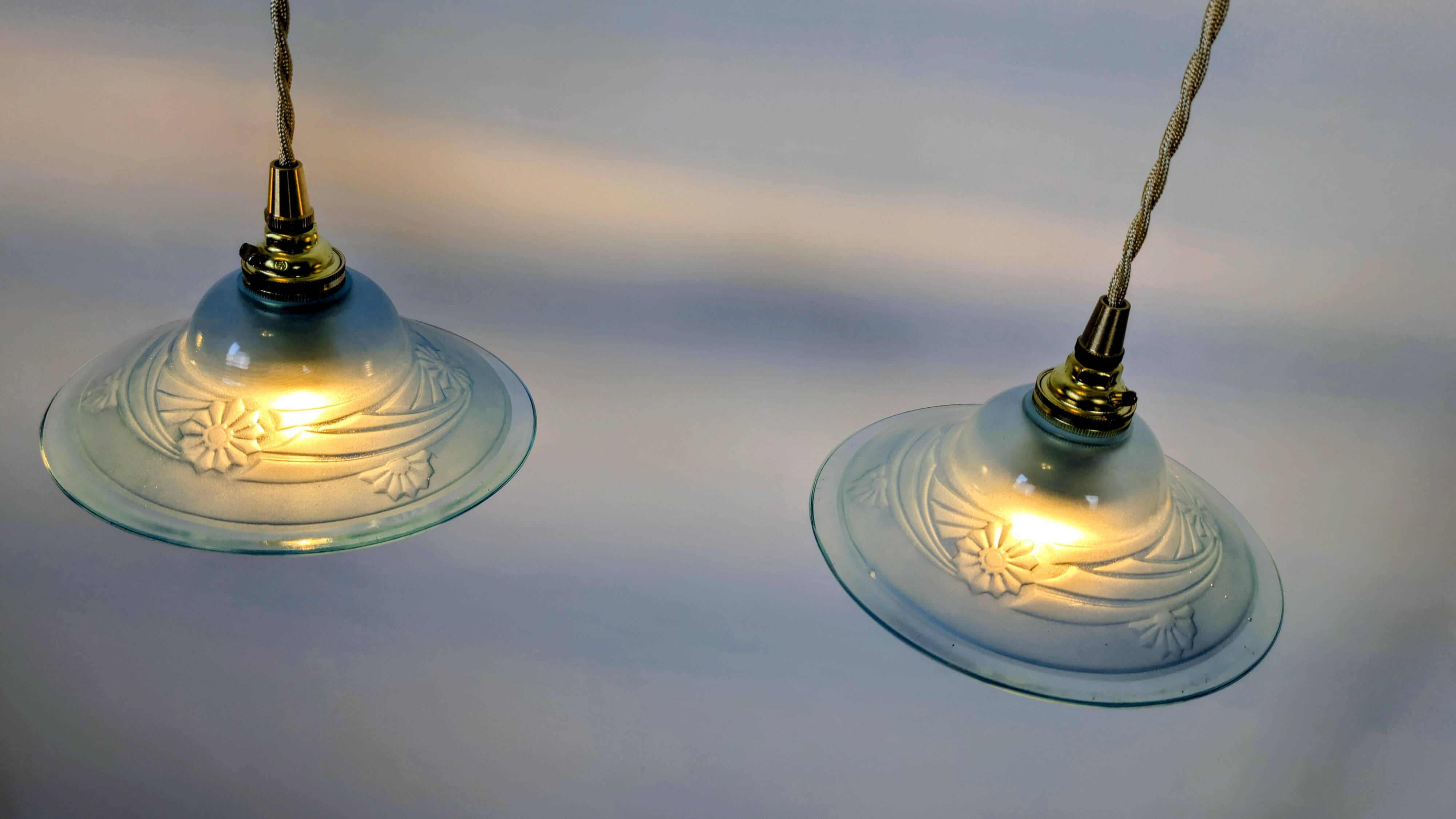 Art Deco blue glass pendant light, moulded glass shade — Ø19 cm — 3 available