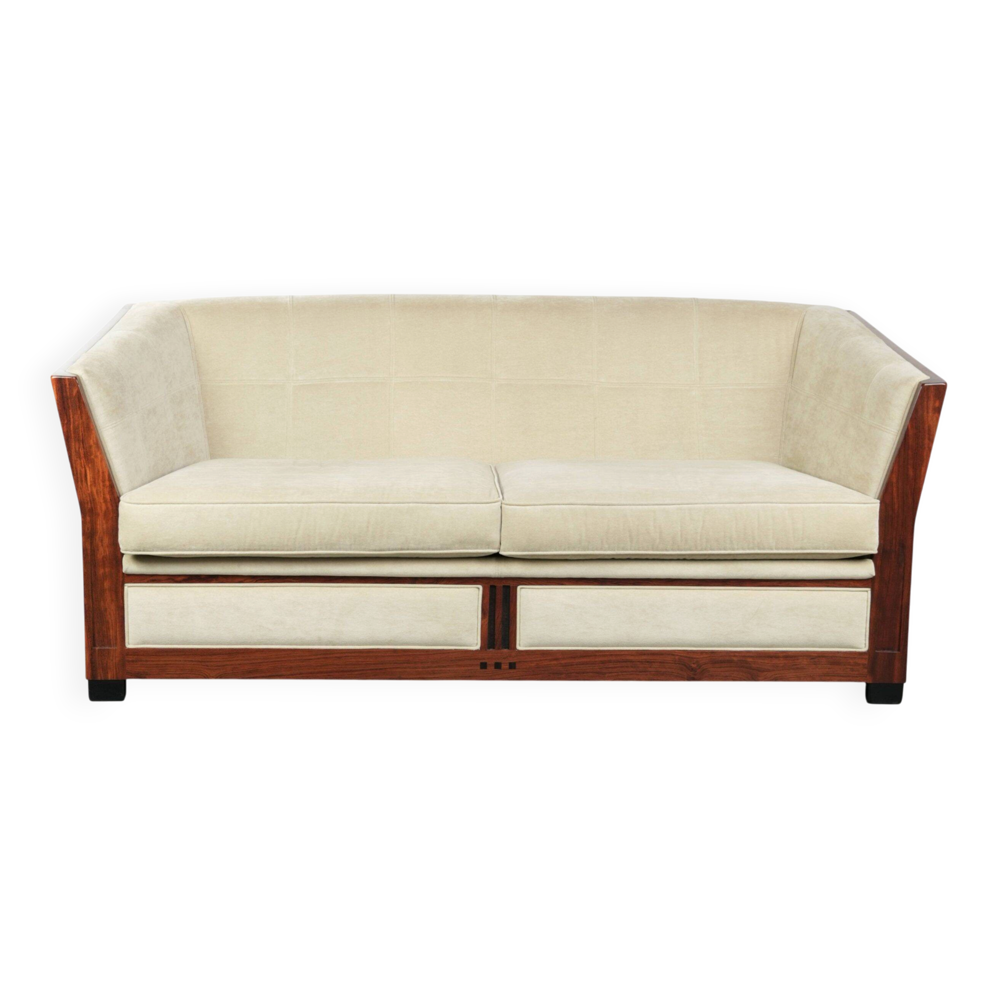 Art Deco design sofa with beautiful woodwork and cream fabric upholstery