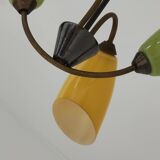 Lustre laiton et verre 4 feux jaune et vert année 60