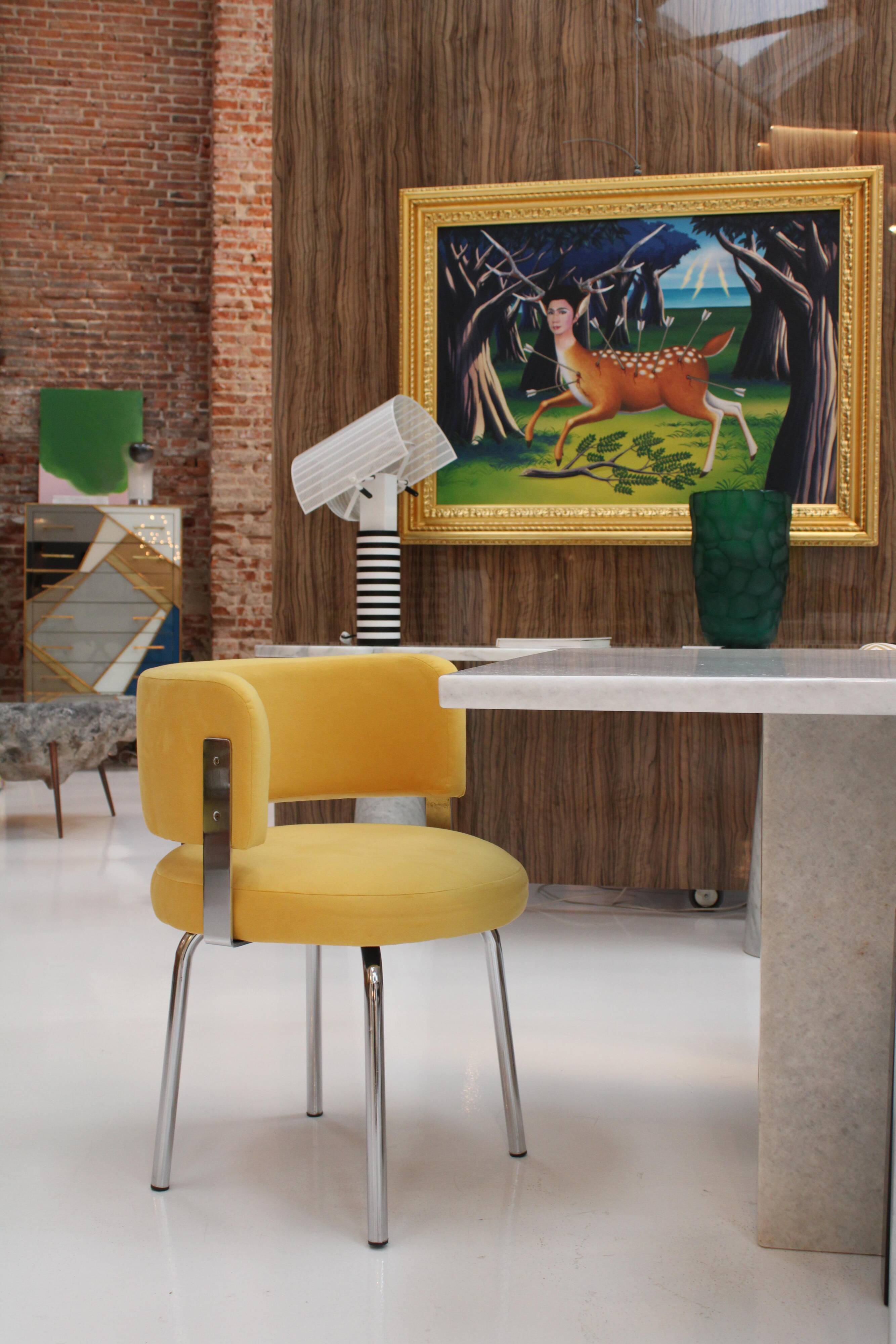 Italian Bauhaus Chairs by Pizzi Arredamenti, Steel Frame and Yellow Velvet, 1970