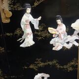 Small furniture in black Chinese lacquer with carved soapstone, mother-of-Pearl inlay.