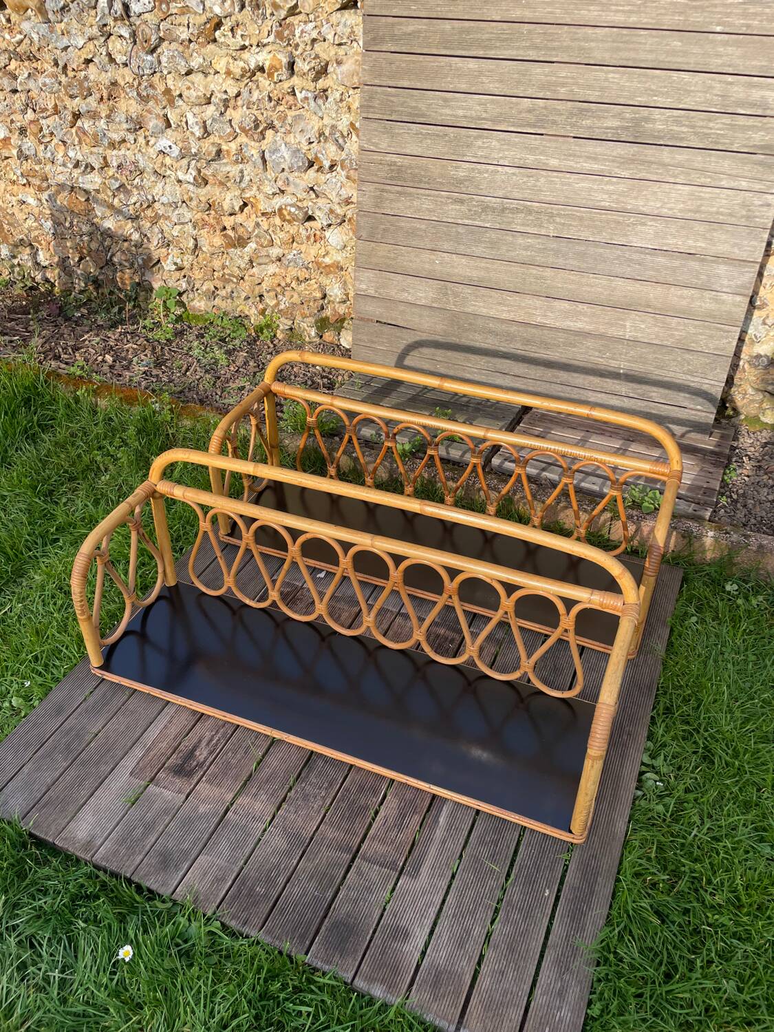 Pair of vintage light rattan wall shelves 1960