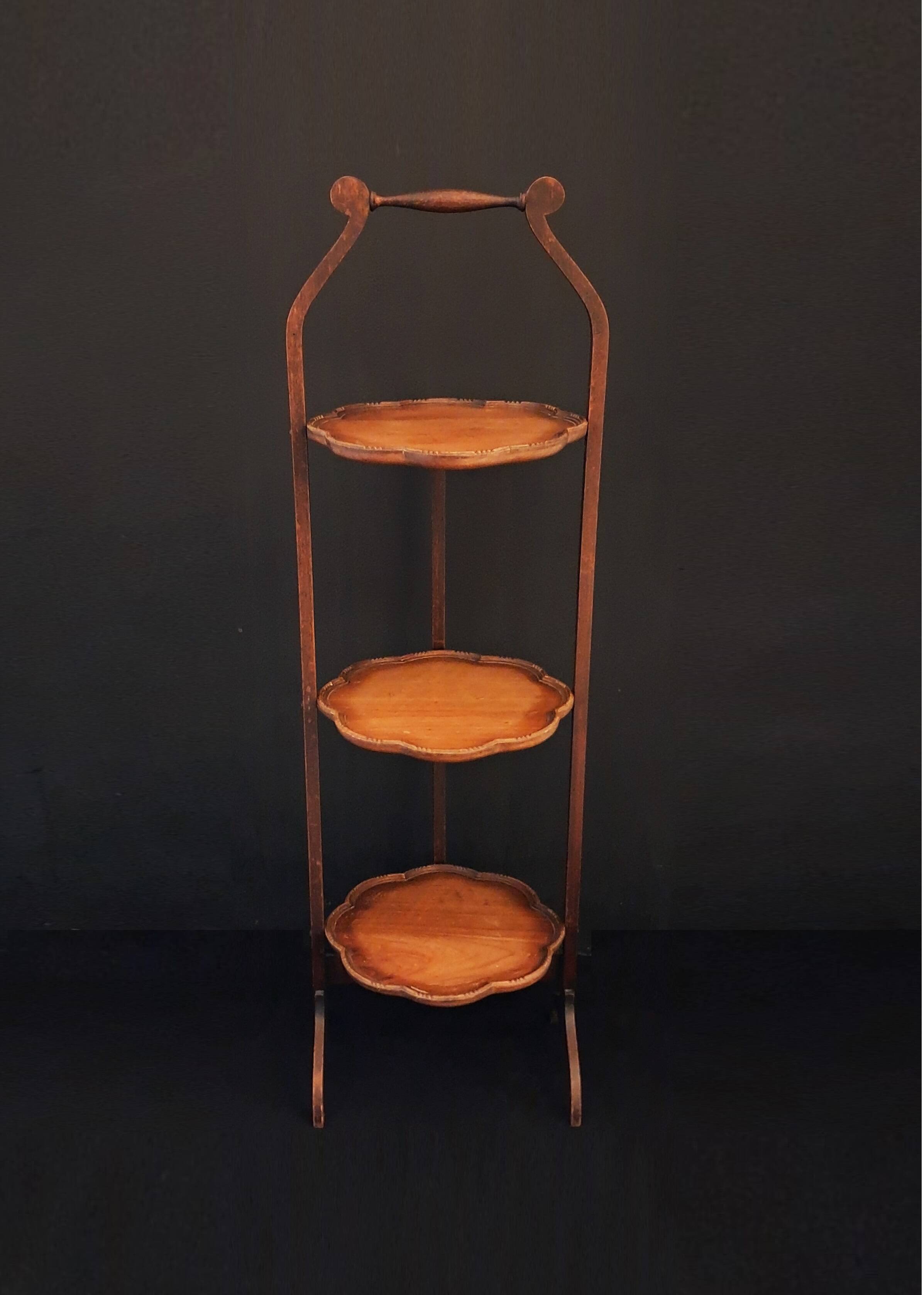Wooden Foldable Treat Display Stand With Three Scalloped Shelves