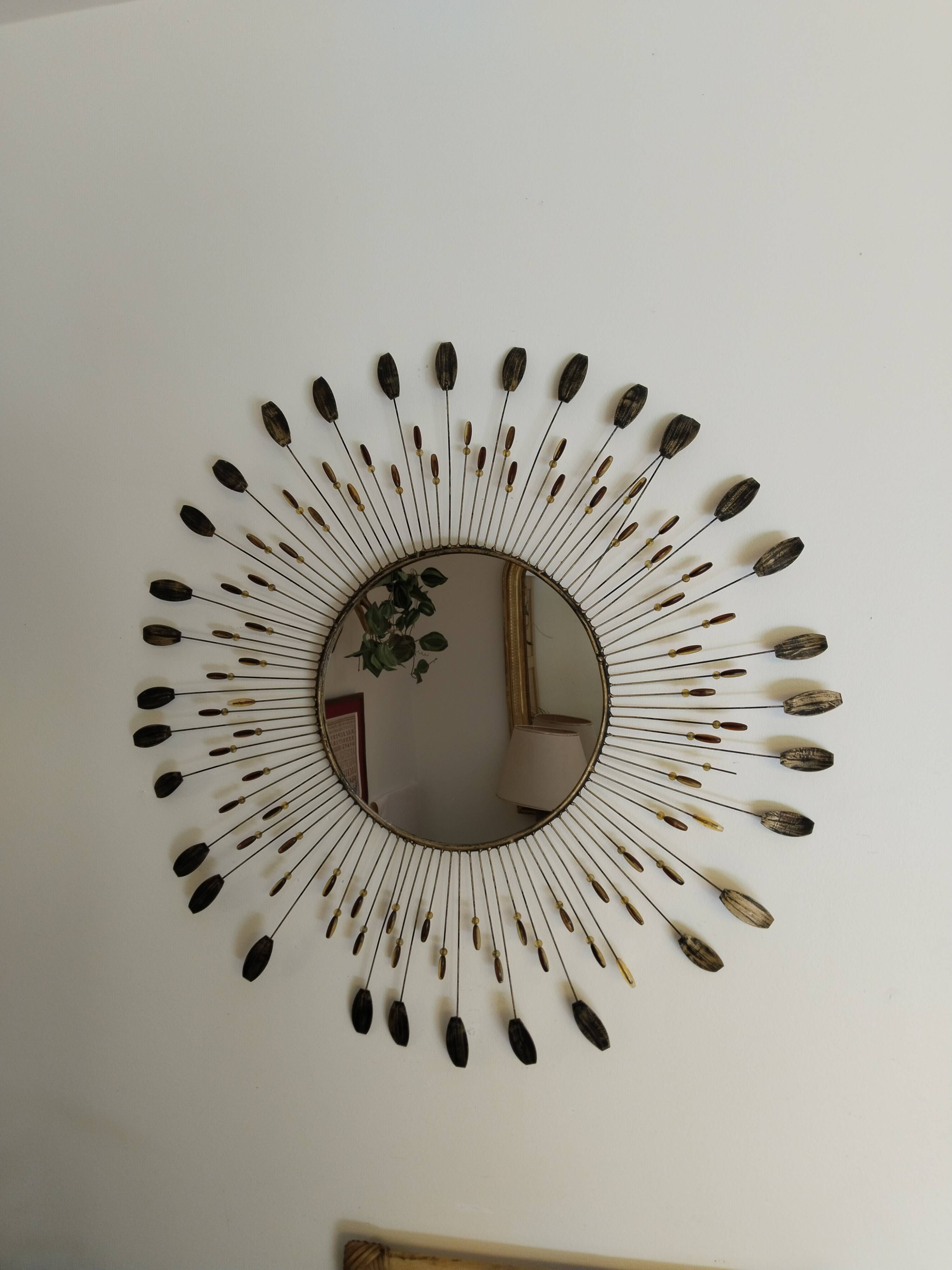 Large metal sun mirror 75 cm, vintage, Line Vautrin style (2)