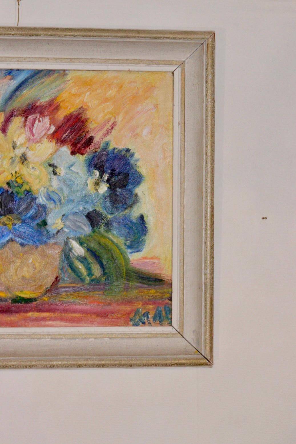 Original Swedish mid-century oil painting on panel "Flowers"