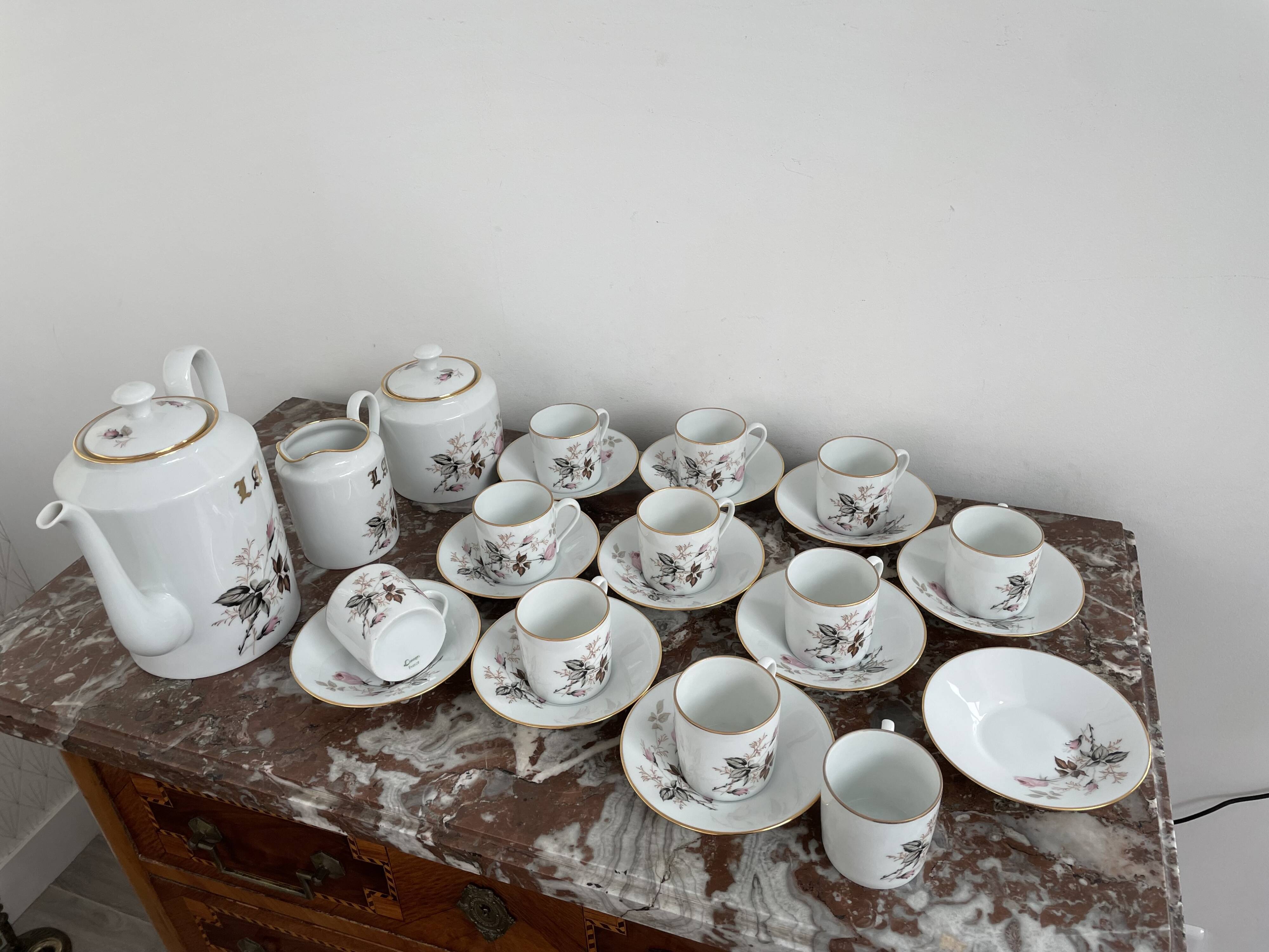 Vintage, coffee service, tea, Limoges, Flowers, cipher, 11 cups and under cups, teapot, 27 pieces