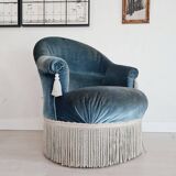 Blue velvet toad armchair with fringes