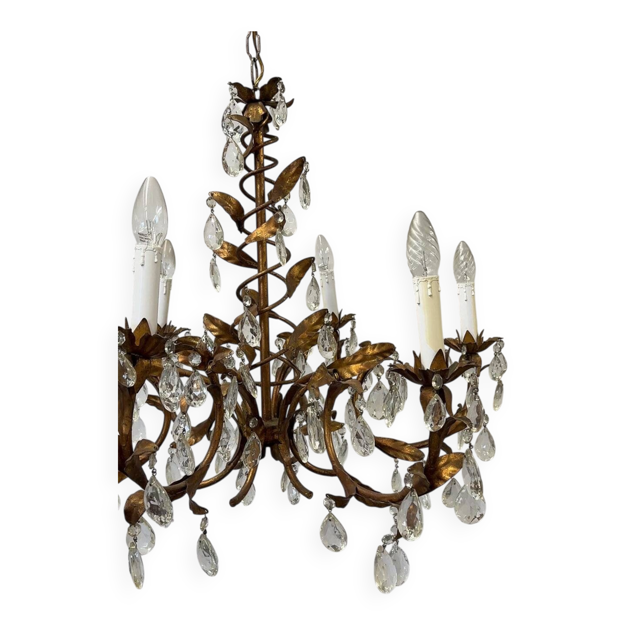 Vintage gold leaf crystal chandelier with 6 lights, 1950s.