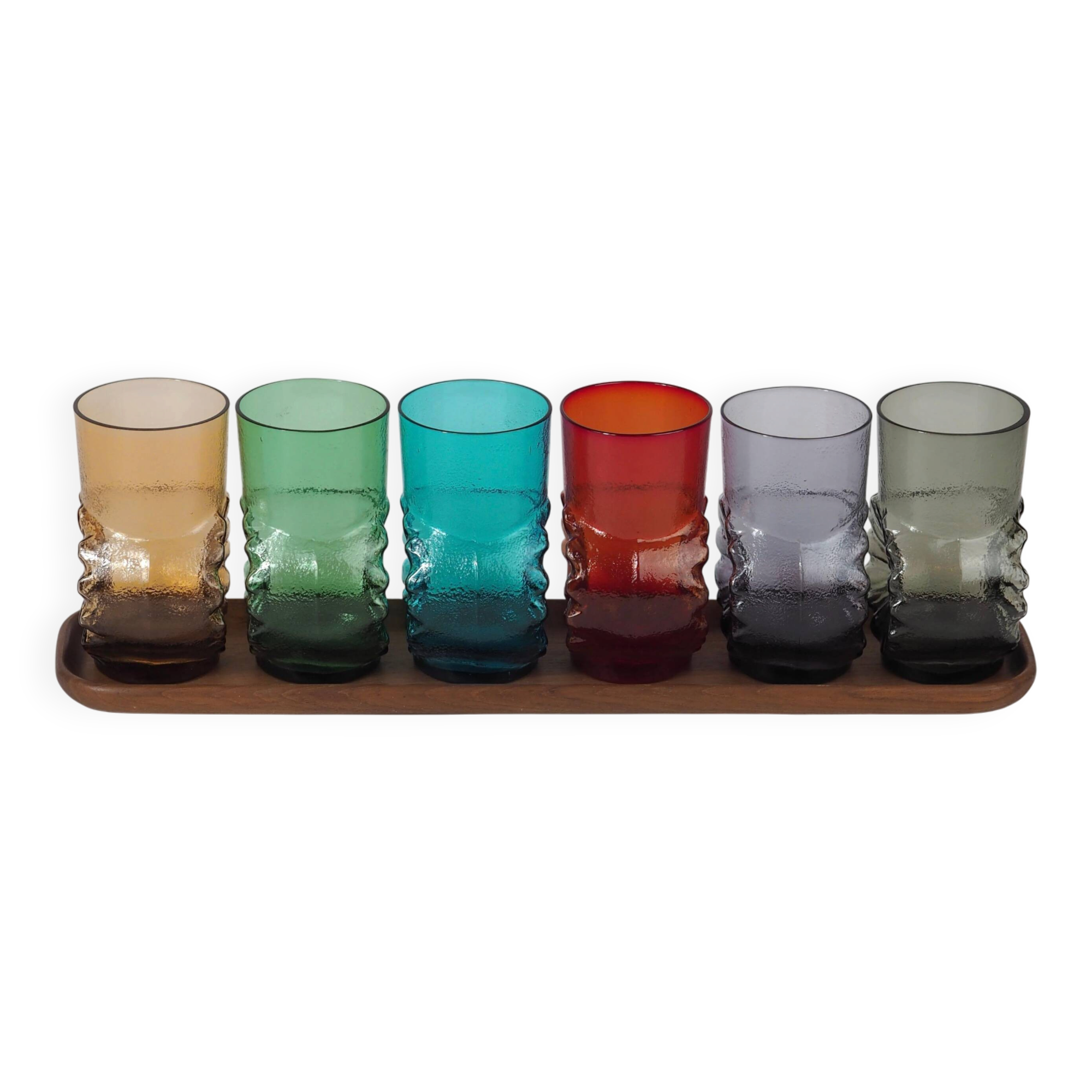Mid-century rainbow glass set: 6 Finnish style glasses, by Kaj Franck & Lasi.