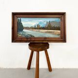 Tableau, huile sur carton « Rivière dans les Alpes »