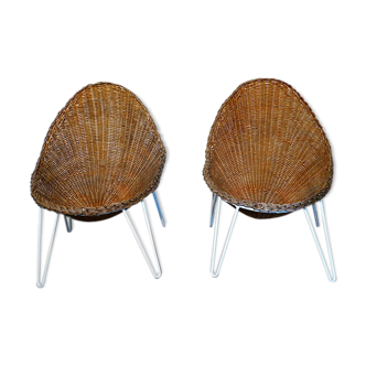 Pair of rattan and metal basket armchairs 1960s