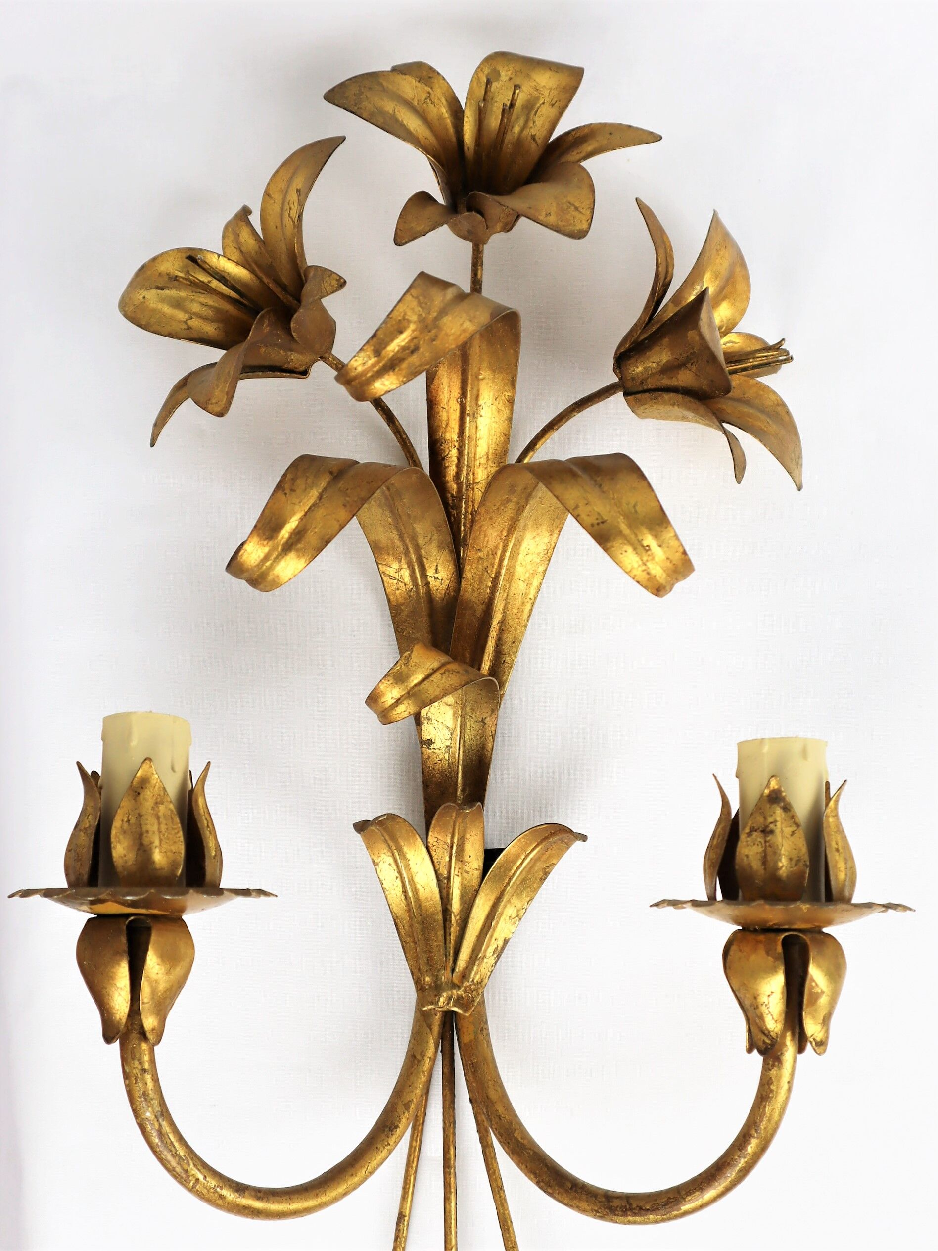 Golden metal flower sconces 1960 in pairs