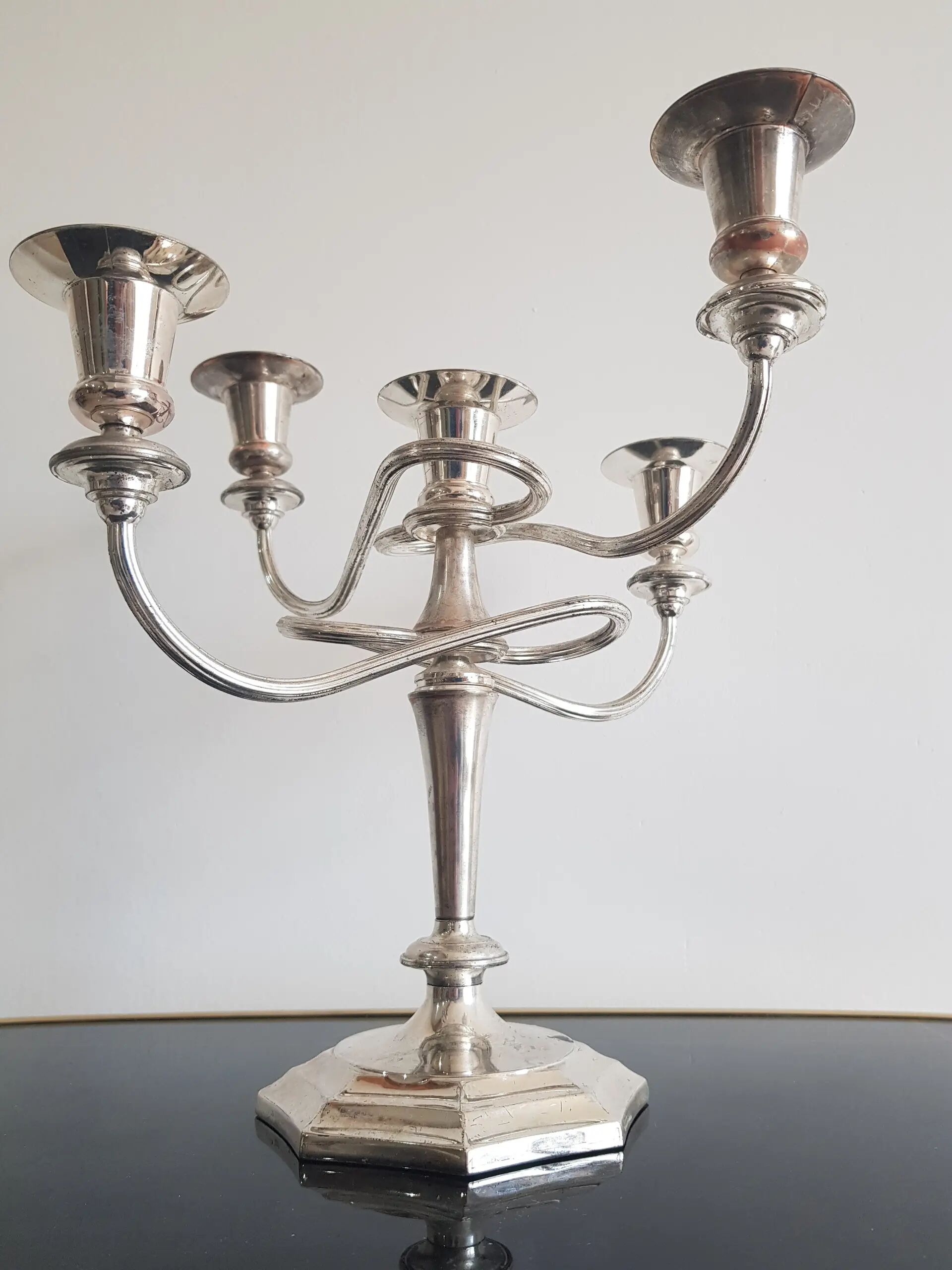 Five-branch chandelier, silvered, silver-plated brass, Italy, 1960s.