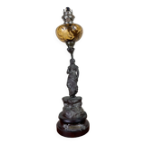 Large kerosene lamp mounted on a spelter statue entitled "Chanson par Rousseau" circa 1900