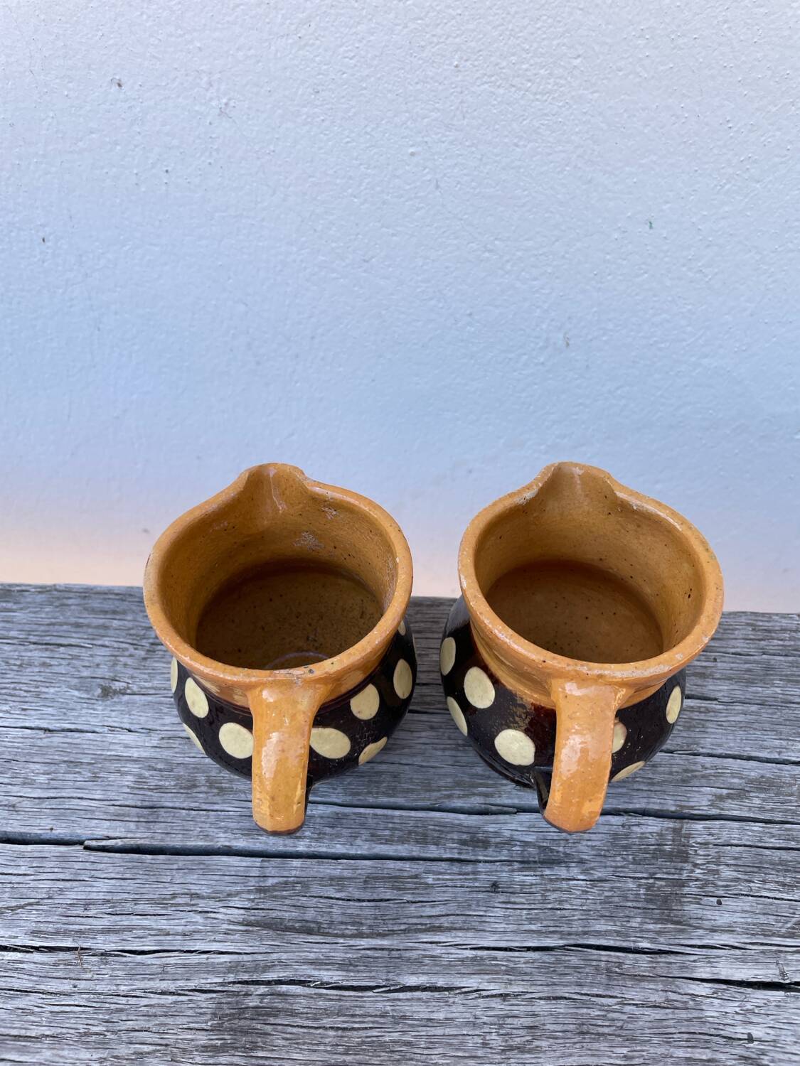 Duo of small Italian polka dot jars