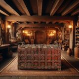 Large wooden and metal chest with red patina