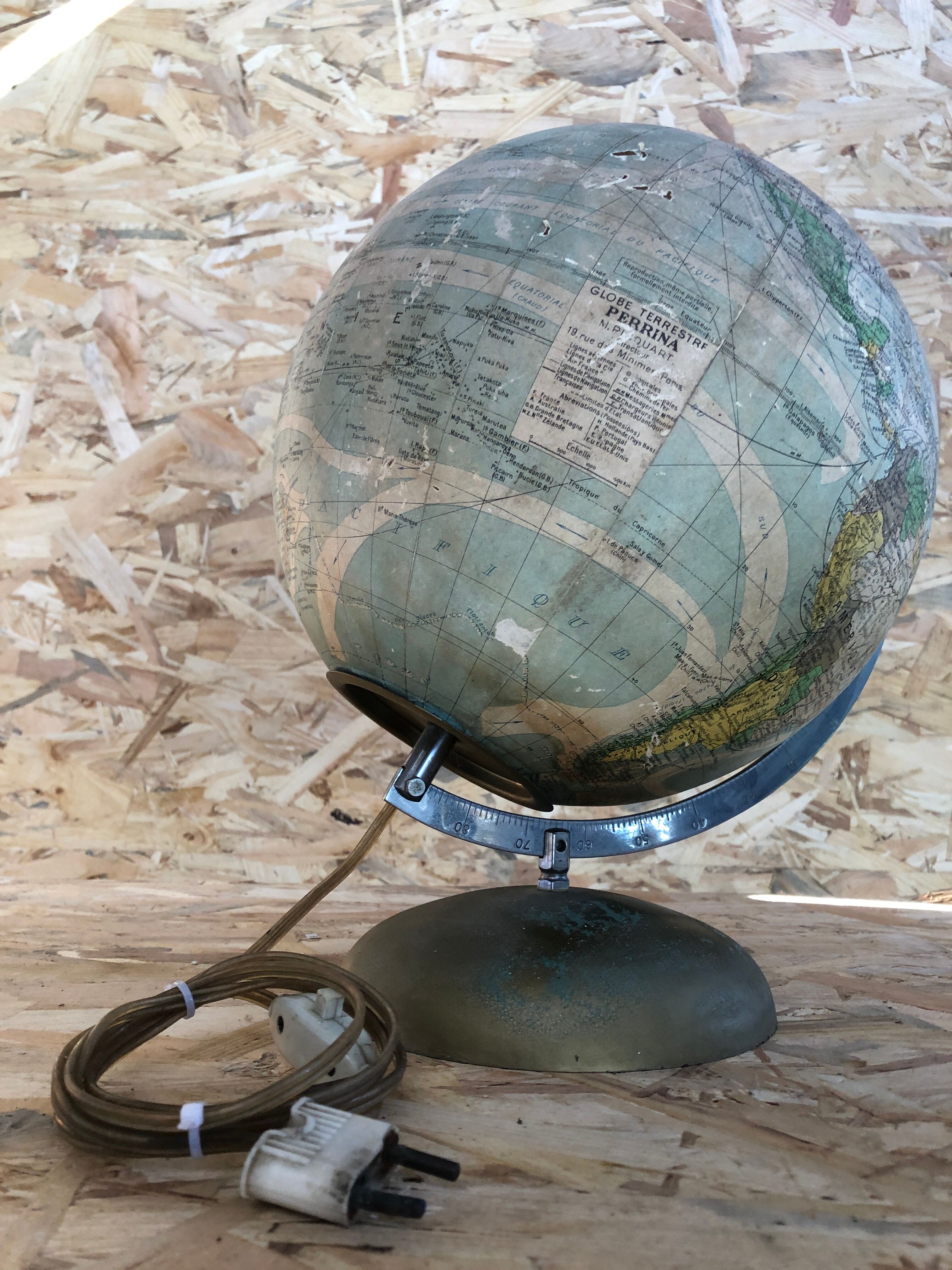 Old terrestrial globe world map perrina paris glass vintage metal foot
