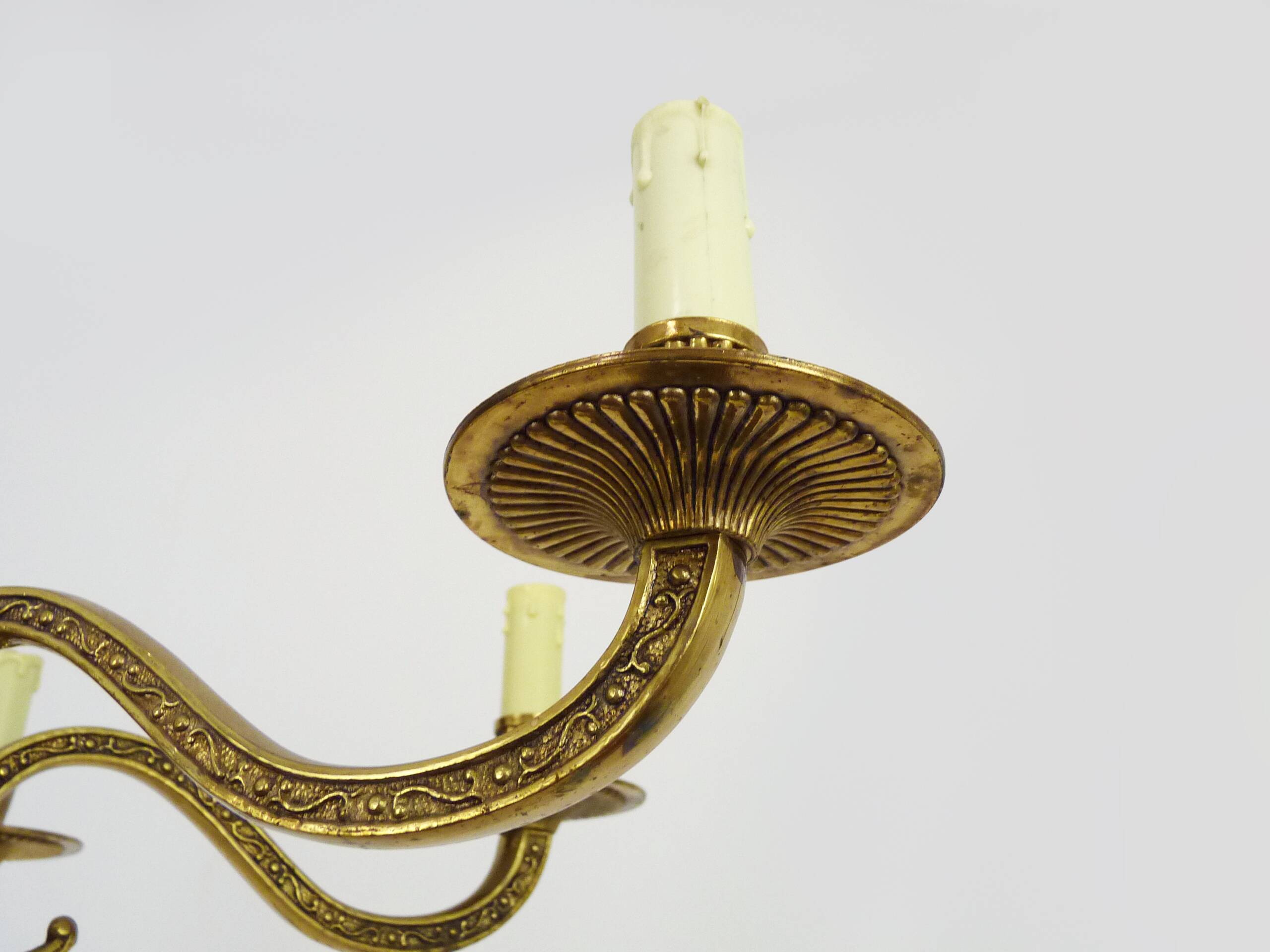 Old chandelier, suspension, light fixture with 6 bronze lights. 70s