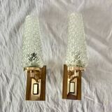Pair of vintage wall sconces in molded glass and gilded brass