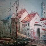 Seascape, seen from the port - Large oil on canvas (with a knife), signed R. Danford, framed