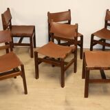 Series of 6 vintage Maison Regain chairs in leather and wood, 1960s