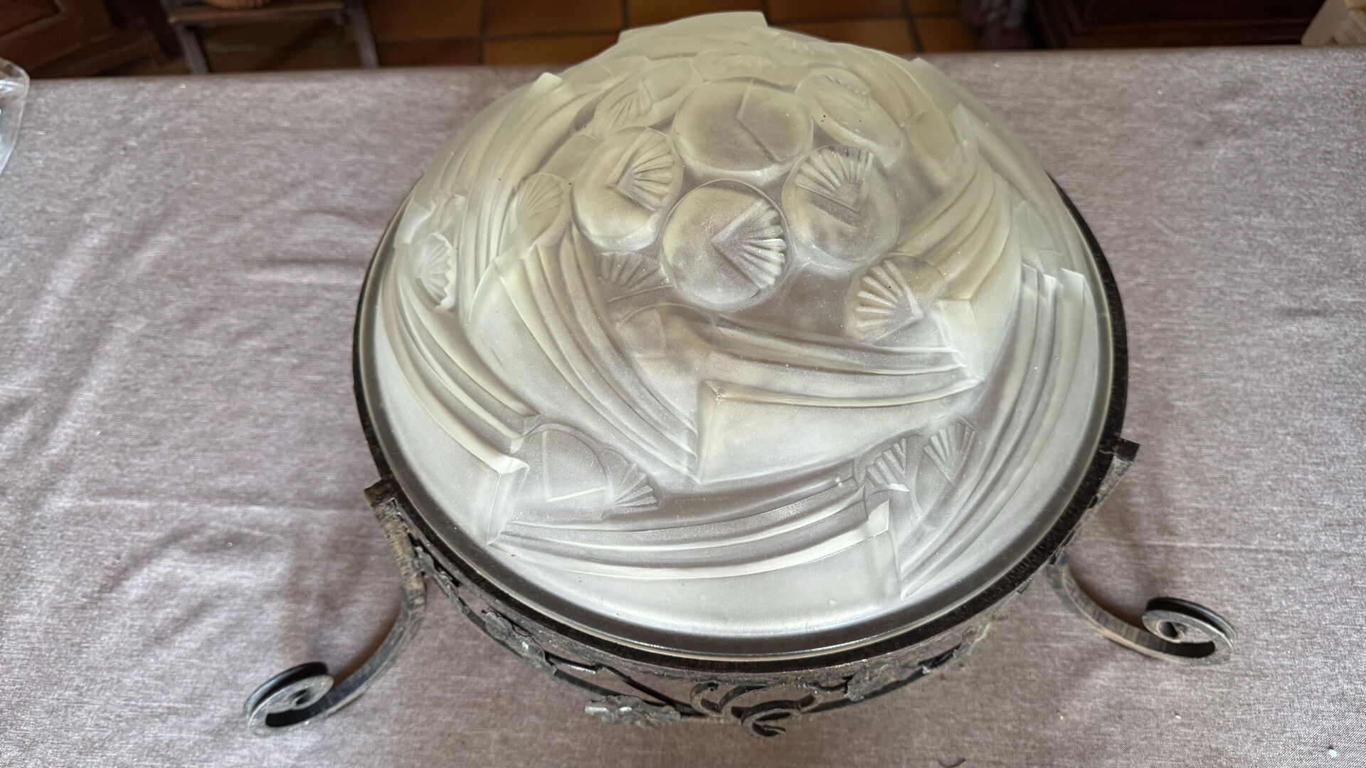 Art Deco ceiling light with wrought iron support