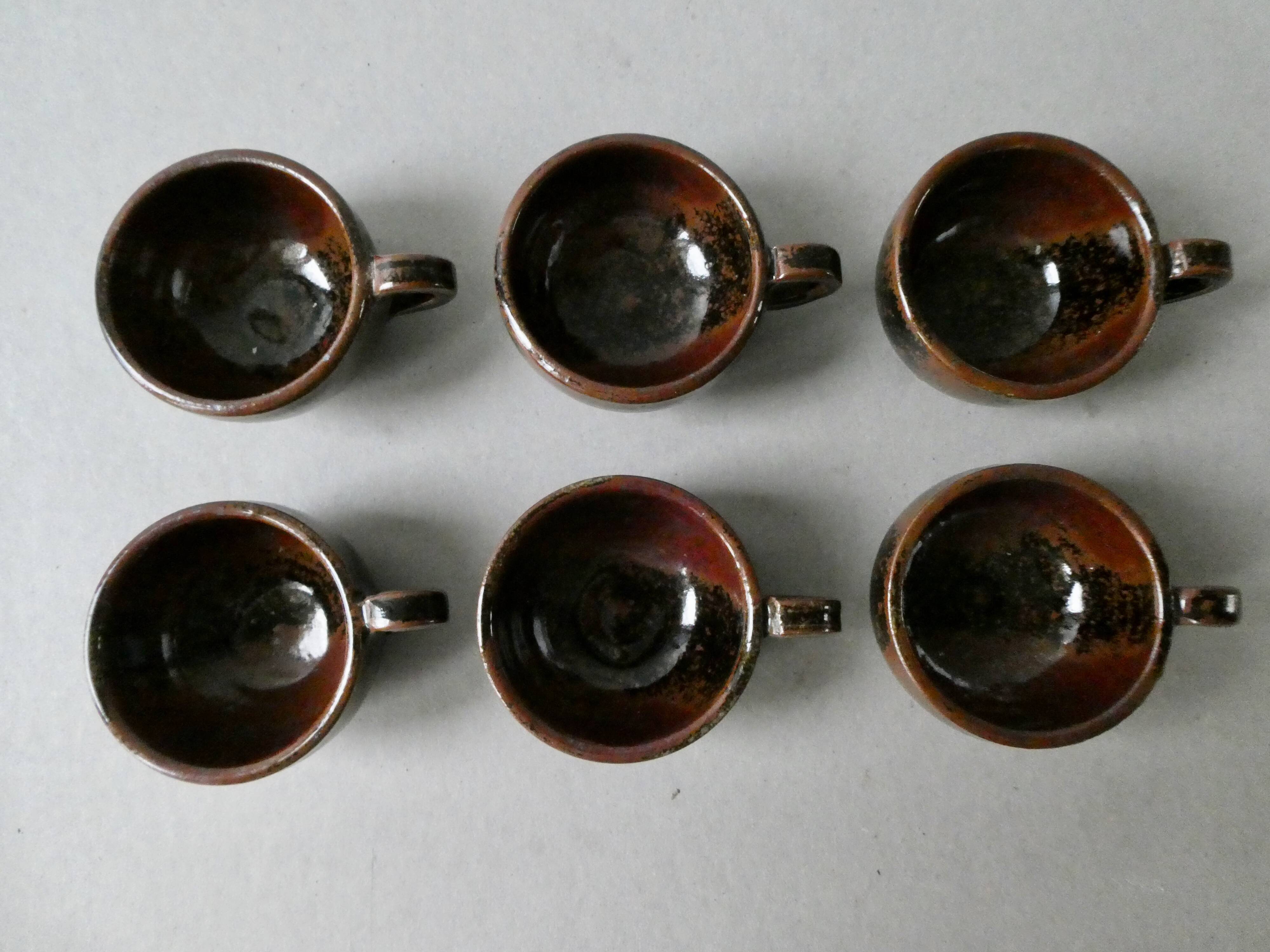 6 cups enamelled sandstone, Pierre Bernier and Isabelle Roger, 80s