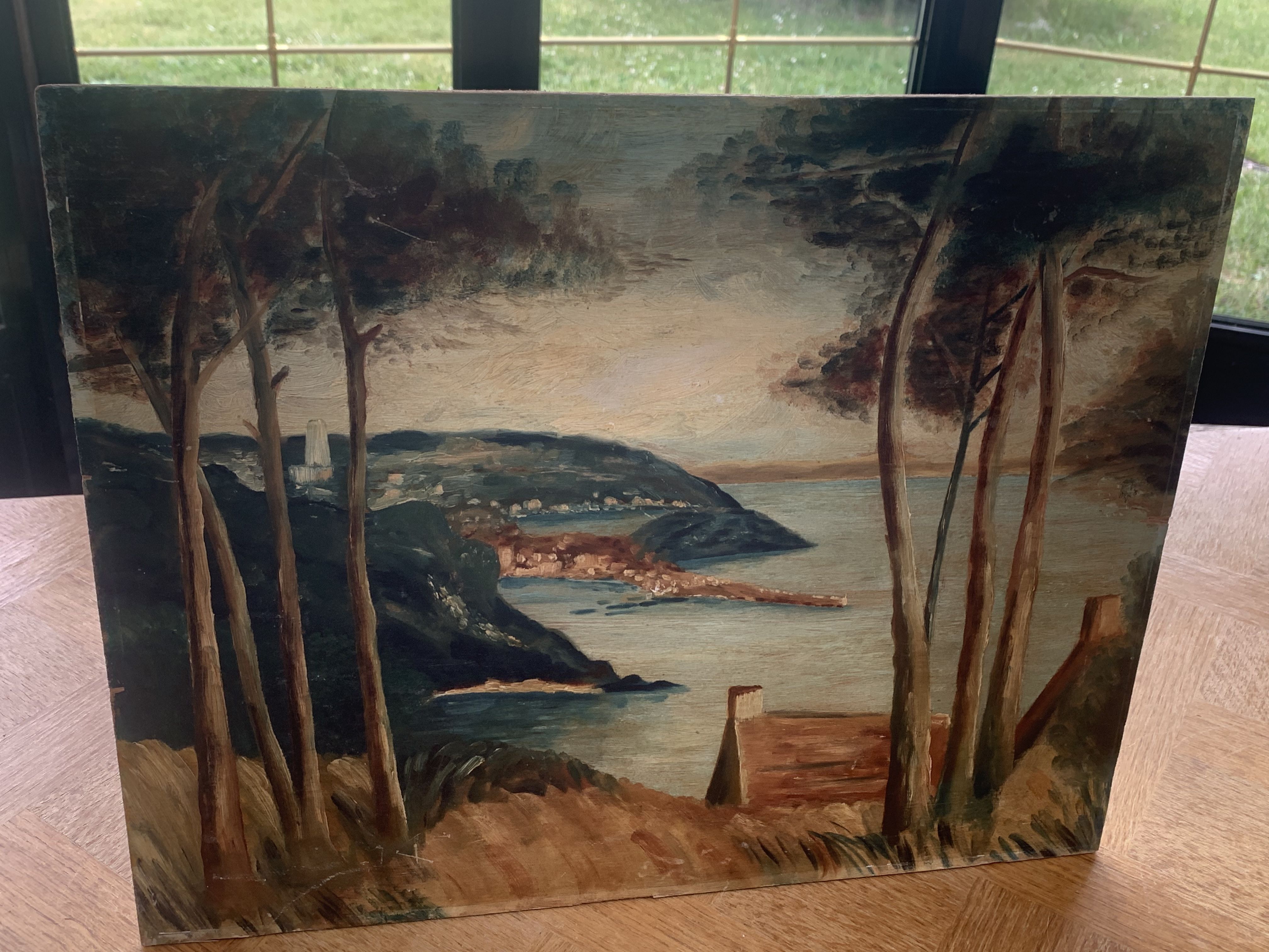 Painting on wood landscape by the water