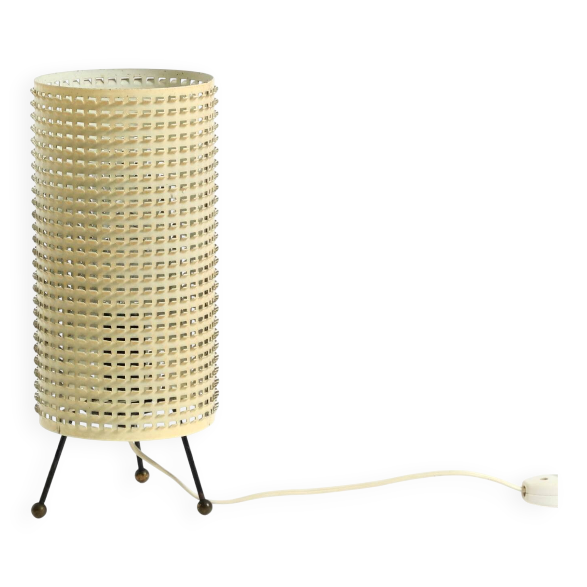 Original 1950s brass tripod table lamp with a perforated metal lampshade