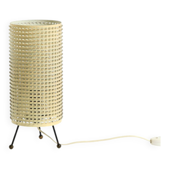Original 1950s brass tripod table lamp with a perforated metal lampshade